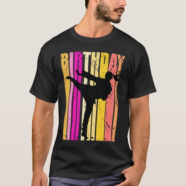 Yellow Pink Girls Karate Birthday Retro Silhouette T-Shirt (Front)