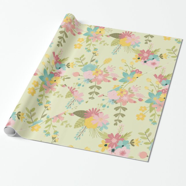 Yellow Pink Green Florals Wrapping Paper (Unrolled)