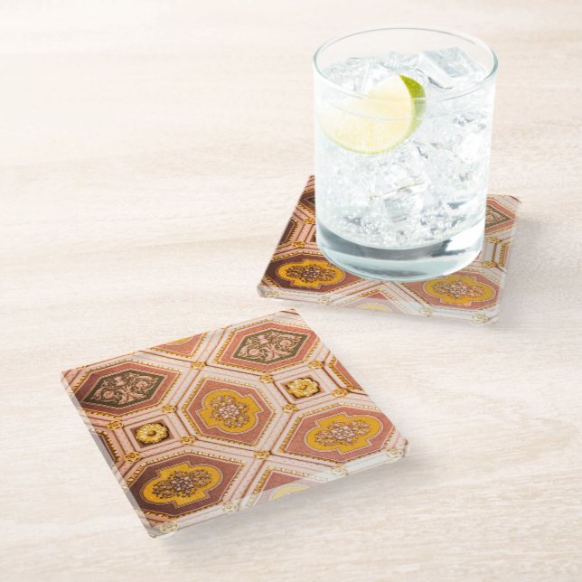 Yellow Pink Hungarian Ceiling  Glass Coaster (Angled)