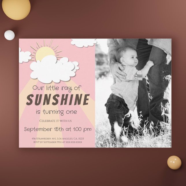 Yellow Pink Little Sunshine 1st Birthday Invitation (Creator Uploaded)