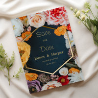 Yellow pink navy blue gold floral Save the Date