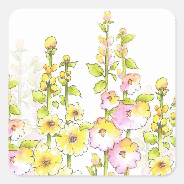 Yellow Pink Pen & Watercolor Field of Hollyhocks   Square Sticker (Front)