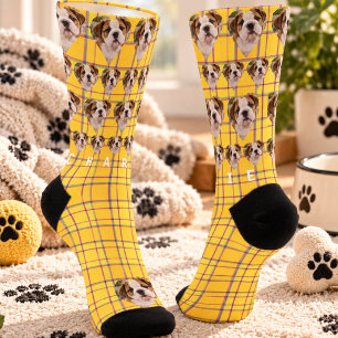 Yellow Pink Plaid Custom Pet Photo Name Socks