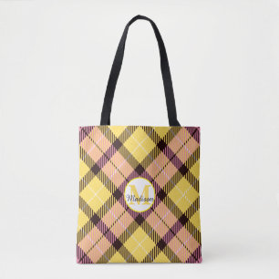 Yellow Pink Plaid Tartan Monogram Script Wedding Tote Bag