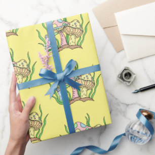 Yellow Pink Pop Art Style Retro Mushroom Birthday Wrapping Paper