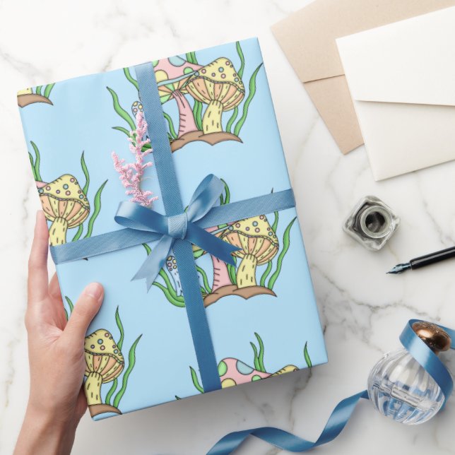 Yellow Pink Pop Art Style Retro Mushroom Birthday  Wrapping Paper (Gifting)