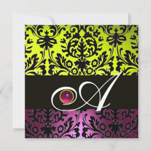 YELLOW PINK PURPLE BLACK DAMASK MONOGRAM Amethyst Invitation