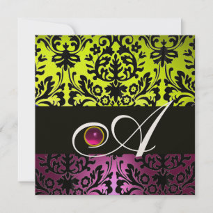 YELLOW PINK PURPLE BLACK DAMASK MONOGRAM Amethyst Invitation