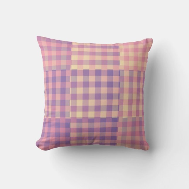 Yellow Pink Purple Chequered Patchwork Pattern Cushion (Front)
