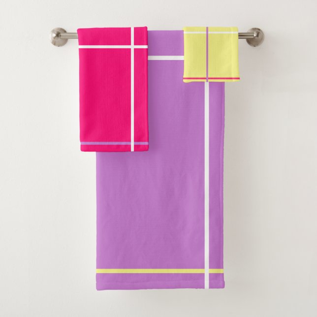 Yellow Pink Purple White Stripes   Bath Towel Set (Insitu)