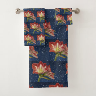 Yellow Pink Red Amaryllis on Navy Blue Background Bath Towel Set