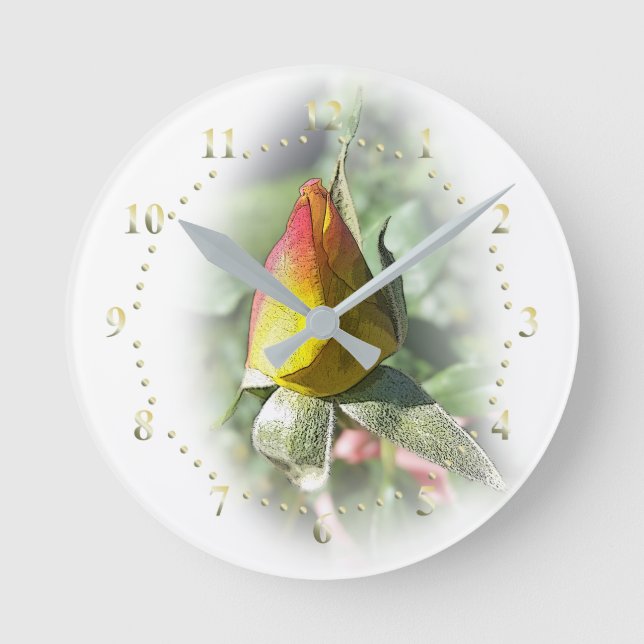 yellow pink rosebud round clock (Front)
