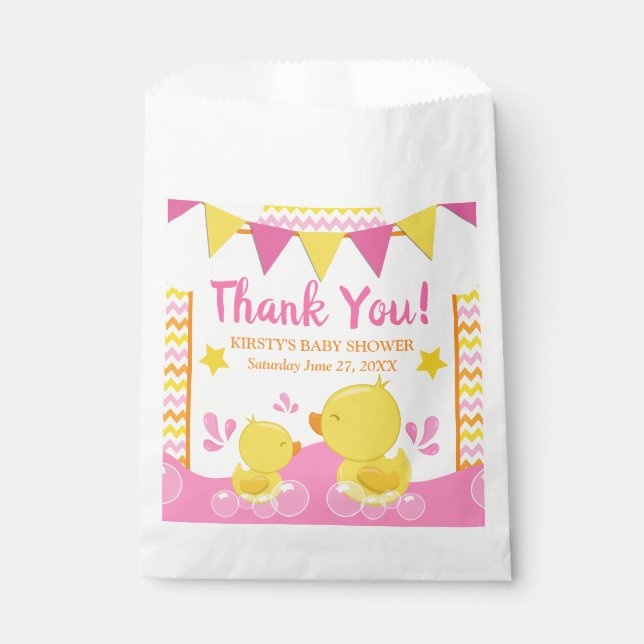 Yellow & Pink Rubber Ducky Polka Dot Baby Shower Favour Bags (Front)