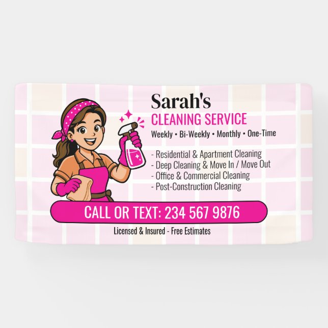 Yellow Pink Spray Bottle Maid Tile House Cleaning Banner (Horizontal)
