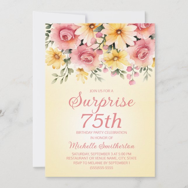 Yellow Pink Springtime Floral Surprise 75th  Invitation (Front)