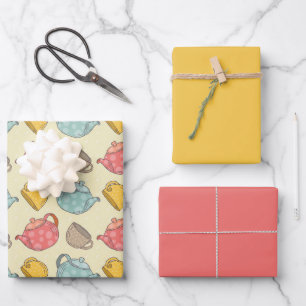 Yellow Pink Teapot And Cup Pattern Wrapping Paper Sheet