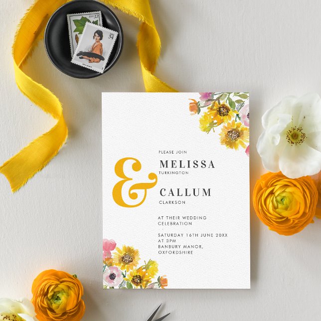 Yellow & Pink Watercolor Floral Ampersand Wedding Invitation (Creator Uploaded)