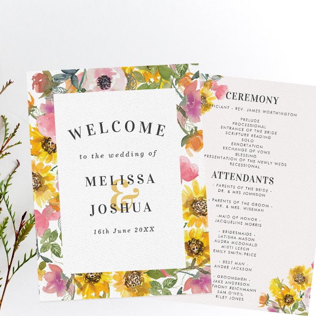Yellow & Pink Watercolor Floral Flat Wedding Programme (Creator Uploaded)