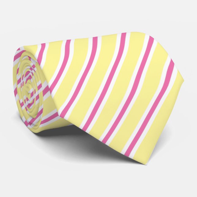 Yellow, Pink & White Diagonal Striped Tie (Rolled)
