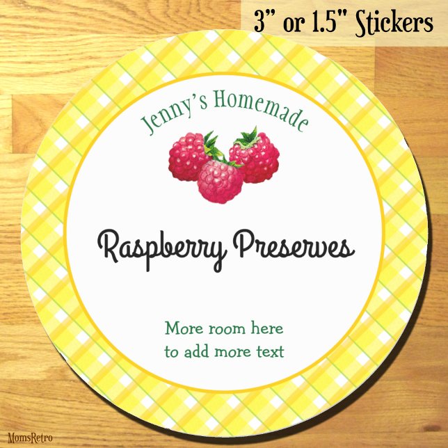 Yellow Plaid Checks Editable Raspberry Recipe Classic Round Sticker (Yellow White Plaid Editable Raspberry Recipe Classic Round Sticker)