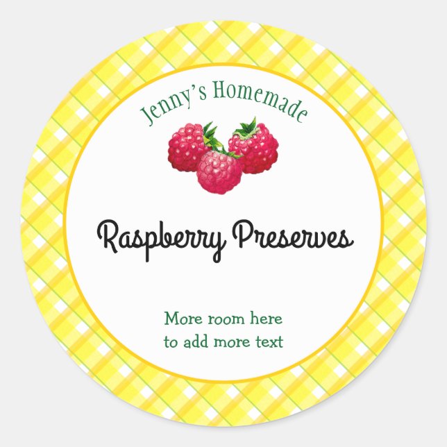 Yellow Plaid Checks Editable Raspberry Recipe Classic Round Sticker (Front)