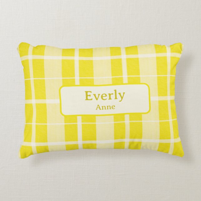 Yellow Plaid Custom Baby Name Nursery  Decorative Cushion (Front)