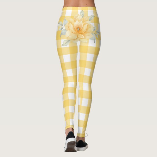 Yellow Plaid, Flowers Butt Leggings (Back)