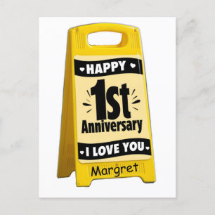 Yellow plastic floor sign happy 1st anniversary postcard