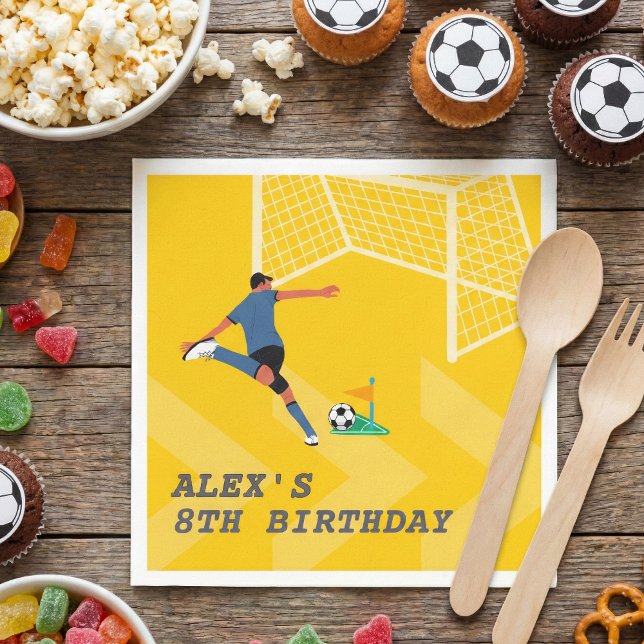 Yellow Playful Soccer Player Kick Goal Birthday Napkin (Creator Uploaded)