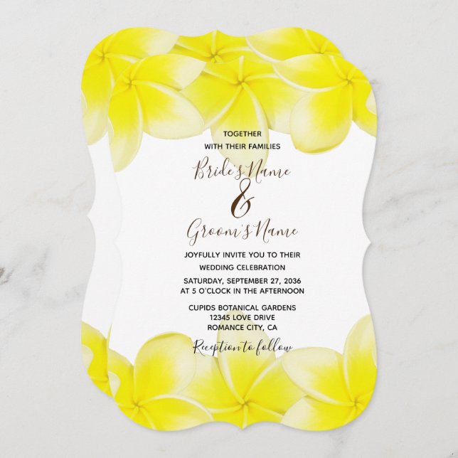 Yellow Plumeria Frangipani Wedding Invitations (Front/Back)