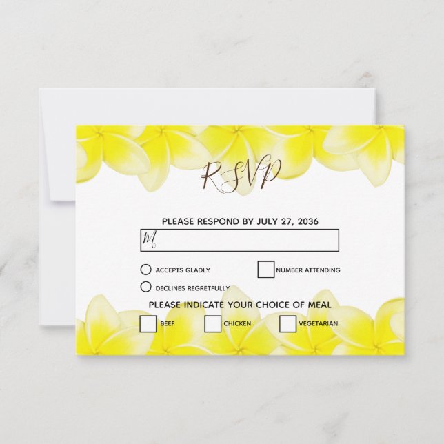 Yellow Plumeria Frangipani Wedding RSVP Cards (Front)