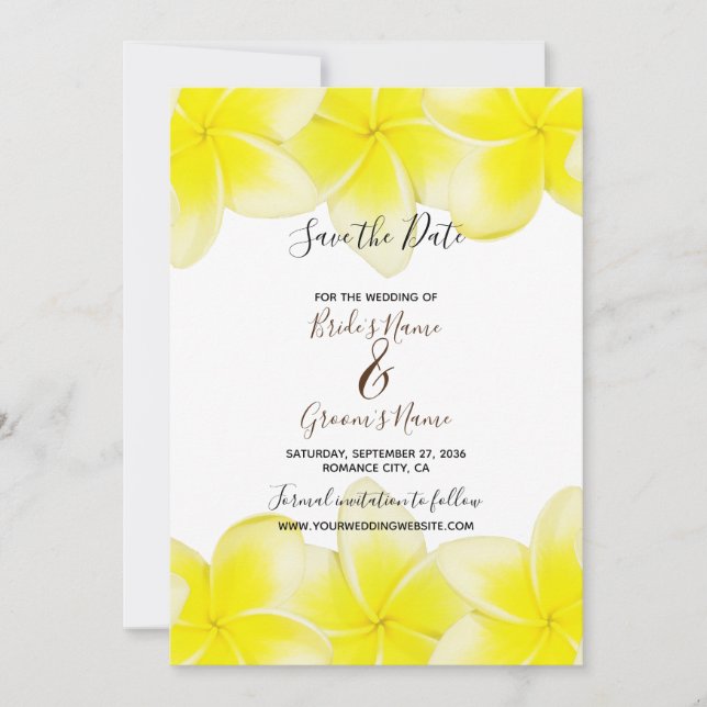Yellow Plumeria Frangipani Wedding Save The Date (Front)
