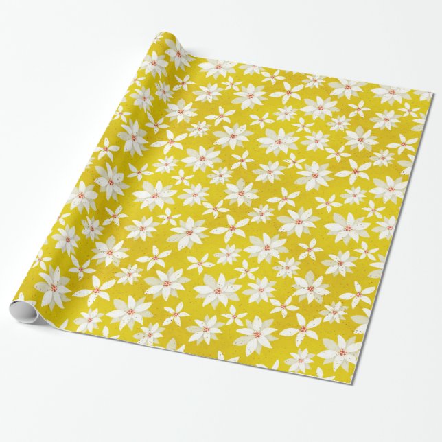 Yellow Poinsettia | Festive Holidays Christmas Wrapping Paper (Unrolled)