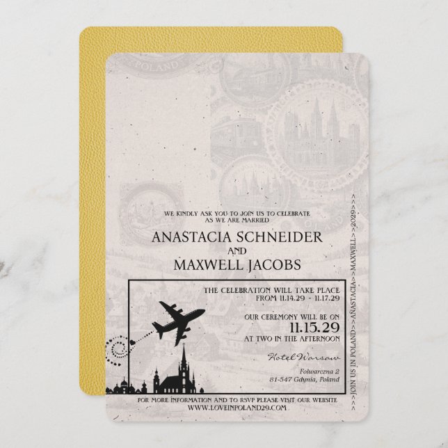 Yellow Poland Passport Wedding Invitation (Front/Back)