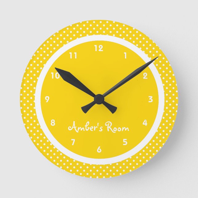 Yellow Polka Dot Kid's Bedroom Round Clock (Front)