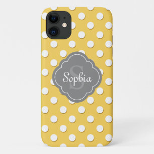 Yellow Polka Dot Pattern Grey Monogram Case-Mate iPhone Case