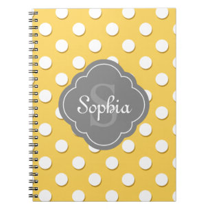 Yellow Polka Dot Pattern Grey Monogram Spiral Notebook