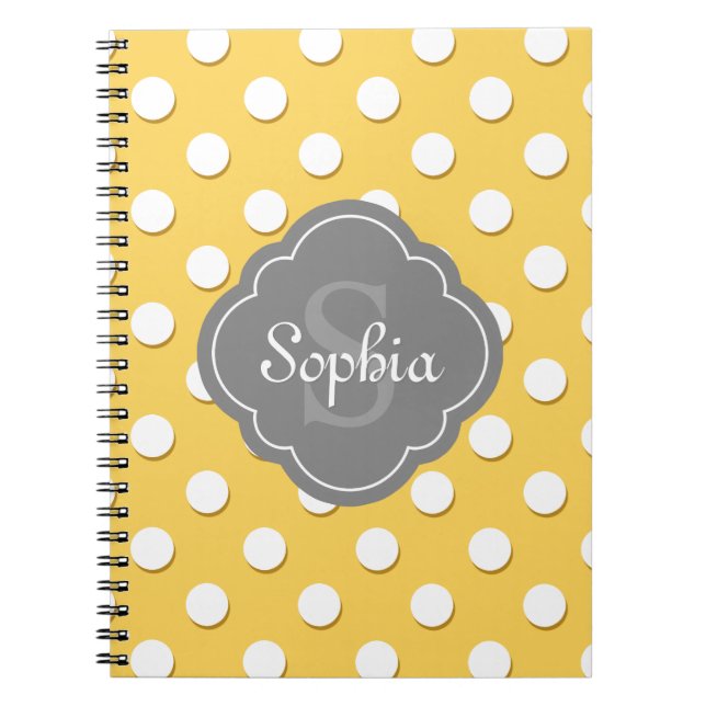 Yellow Polka Dot Pattern Grey Monogram Spiral Notebook (Front)