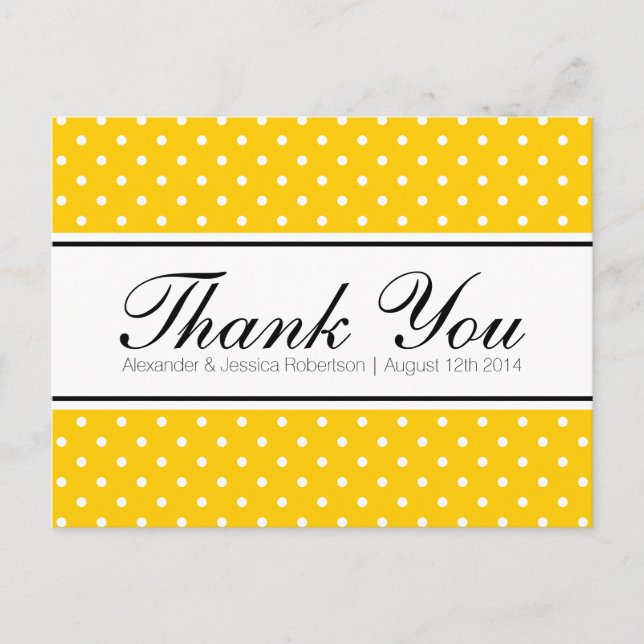 Yellow polka dot print wedding thank you postcards (Front)