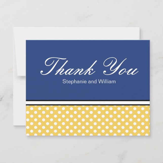 Yellow Polka Dot With Blue Wedding Thank You Card (Front)