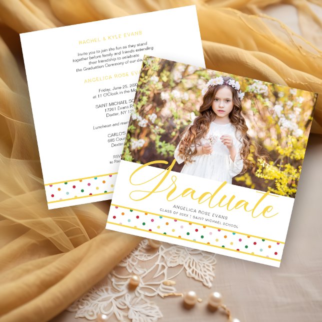 Yellow Polka Dots Funny Graduate Photo Graduation  Announcement (Yellow Polka Dots Funny Graduate Photo Graduation Invitation Card.)