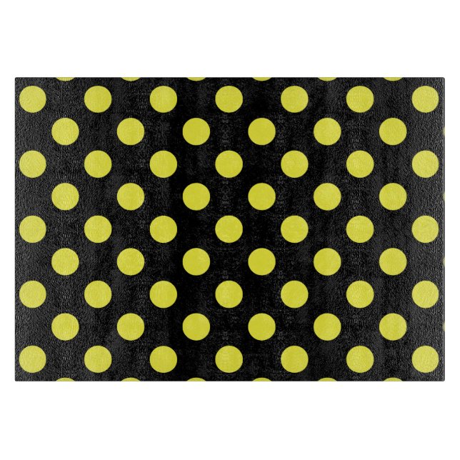 Yellow polka dots on black backgound cutting board (Front)