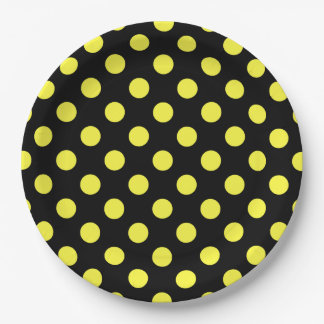 Yellow polka dots on black backgound paper plate