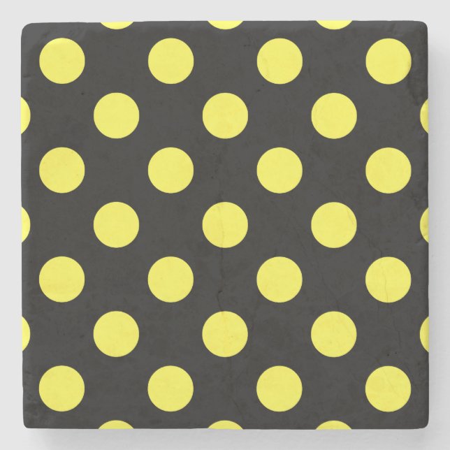 Yellow polka dots on black backgound stone coaster (Front)