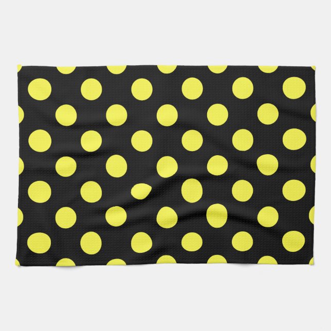 Yellow polka dots on black backgound tea towel (Horizontal)