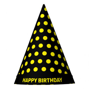 Yellow Polka Dots on Black Happy Birthday Party Hat