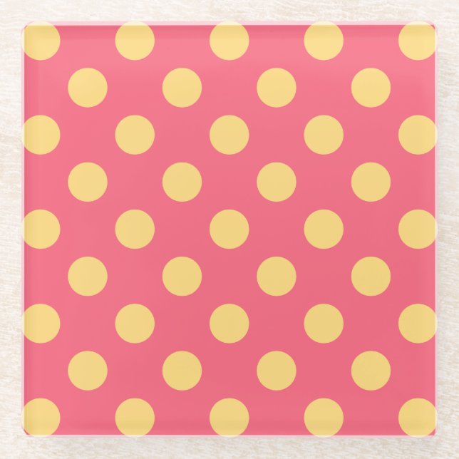 Yellow polka dots on coral glass coaster (Front)