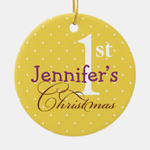 Yellow polka dots purple name baby first holiday ceramic tree decoration