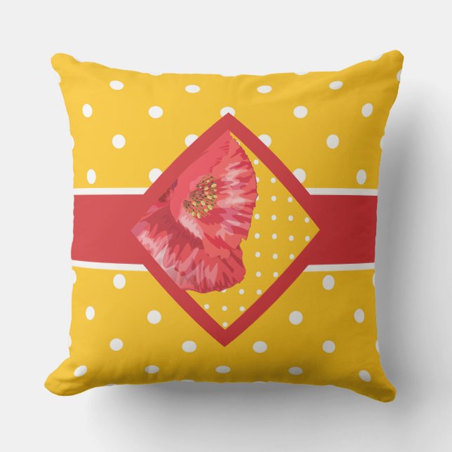 Yellow Polka Dots with Red Poppy Garden Throw Pill Cushion (Front)