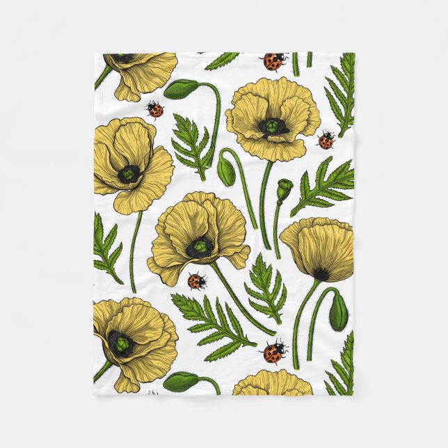 Yellow poppies and ladybugs fleece blanket (Front)